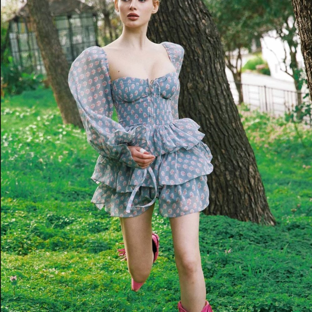 New Arrivals Bowie mini corset dress with puff sleeves in bluebell size 36